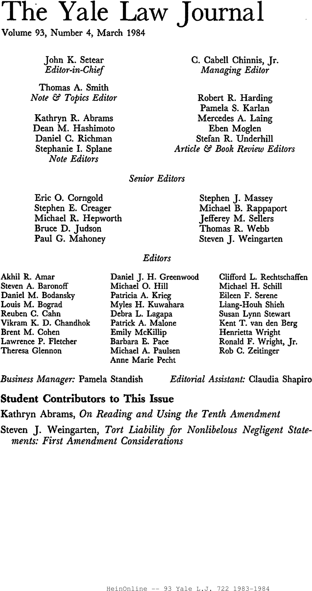 The Yale Law Journal Masthead Volume 93